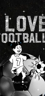 I Love Football wallpaper with playful illustration on a soccer ball backdrop.