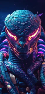 Futuristic alien head with glowing neon design.