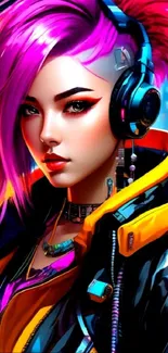 Cyberpunk woman with neon hair and headphones in a colorful digital art style.