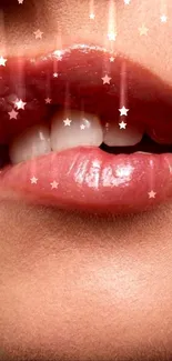 Glossy lips with cascading stars on mobile wallpaper.