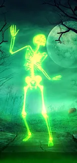 Neon green skeleton glowing in moonlit forest.