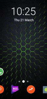 Futuristic green and black hexagonal mobile wallpaper with sleek design.