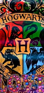 Hogwarts crest with 'Love' text, colorful design.