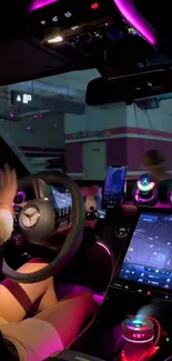 Luxury car interior with neon lights and advanced controls.