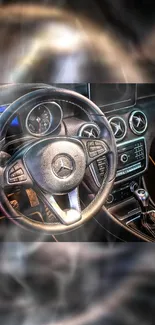 Luxury car interior with steering wheel and dashboard view.