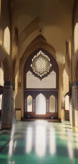 Majestic mosque interior with ornate detailing and glowing light.