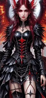 Gothic angel with fiery wings and black armor in mystical art.