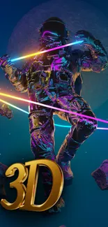 Neon astronaut floating in space with glowing lights.