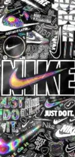 Nike logo collage wallpaper with vibrant colors and iconic slogans.