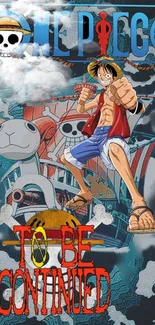 One Piece wallpaper featuring Luffy and pirate ship with vibrant blue background.