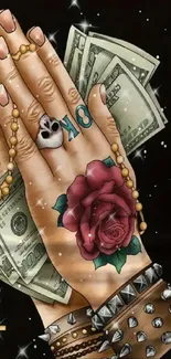 Praying hands with rose, dollar bills on black shirt.