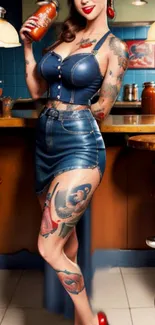 Tattooed woman in denim at a retro coffee shop with vintage decor.