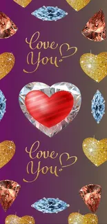 Romantic wallpaper with gem-encrusted hearts and 'Love You' text on purple background.