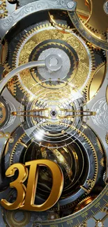 3D steampunk wallpaper with gold and silver gears.