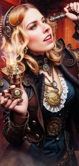 Steampunk adventurer with gears and vintage attire in a vibrant setting.