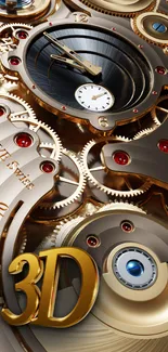 Steampunk gear wallpaper with golden cogs and red jewels.