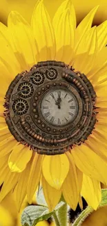 Sunflower with steampunk clockwork in vibrant yellow.