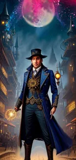 Steampunk wizard in a mystical cityscape with cosmic background.