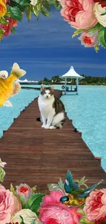 Tropical collage with flowers, cat, fish, and bird on a pier.