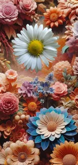 Vibrant floral wallpaper with diverse colored blooms.