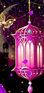 Pink lantern and butterflies with roses, night sky background.