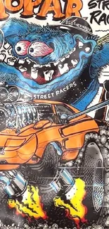 Orange street racer with monster in vibrant illustration.