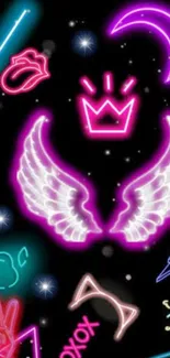 Neon pink wings and symbols on a dark background wallpaper.