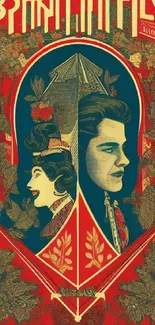 Intricate vintage art deco wallpaper with elegant portraits and bold colors.