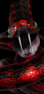 Bold red snake with glowing green eyes and fangs on a dark background.