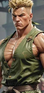 Anime warrior in olive green attire with muscular build.