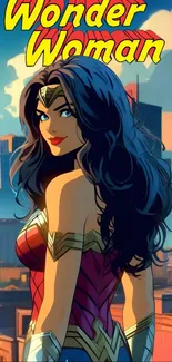 Wonder Woman in a colorful urban backdrop illustration.