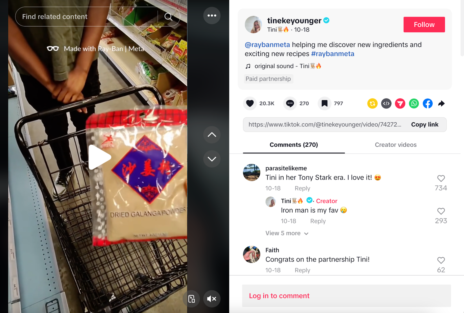 A branded partnership post on TikTok, posted by user @tinekeyounger