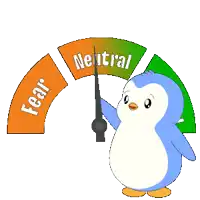 a cartoon penguin is holding a gauge that shows fear and neutral