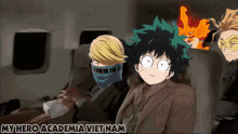 a group of anime characters are sitting on a plane with the words my hero academia vietnam below them