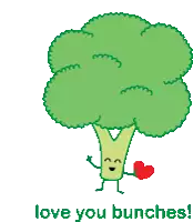 a cartoon drawing of broccoli holding a heart and the words love you bunches below it