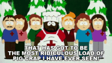 a group of people are standing around a cartoon character with the words that has got to be the most ridiculous load of pig crap