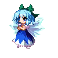 a pixel art drawing of a fairy with blue hair
