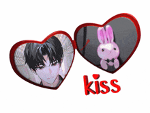 two red hearts with a picture of a man and a stuffed bunny and the word kiss