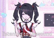 a pixel art of a girl with pigtails and the words listening to unwound below her