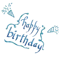 a blue happy birthday greeting card with a party hat in the background
