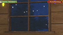 a happy holidays sign with a girl and a snowman looking out a window