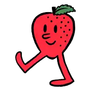 a cartoon drawing of a strawberry with a green leaf on its head