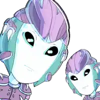 a cartoon character with purple hair and a helmet on