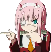 a girl with pink hair is pointing her finger