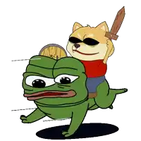 a dog is riding on the back of a green frog