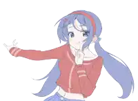 a drawing of a girl with blue hair and a red headband that says 01