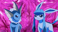 two pokemon are standing next to each other on a purple background .