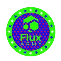 a green circle with red and blue stars and the words flux army on it