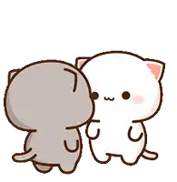 a white cat is standing next to a smaller cat and looking at it .