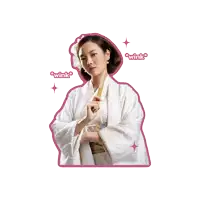 a sticker of a woman in a kimono with the words wink above her